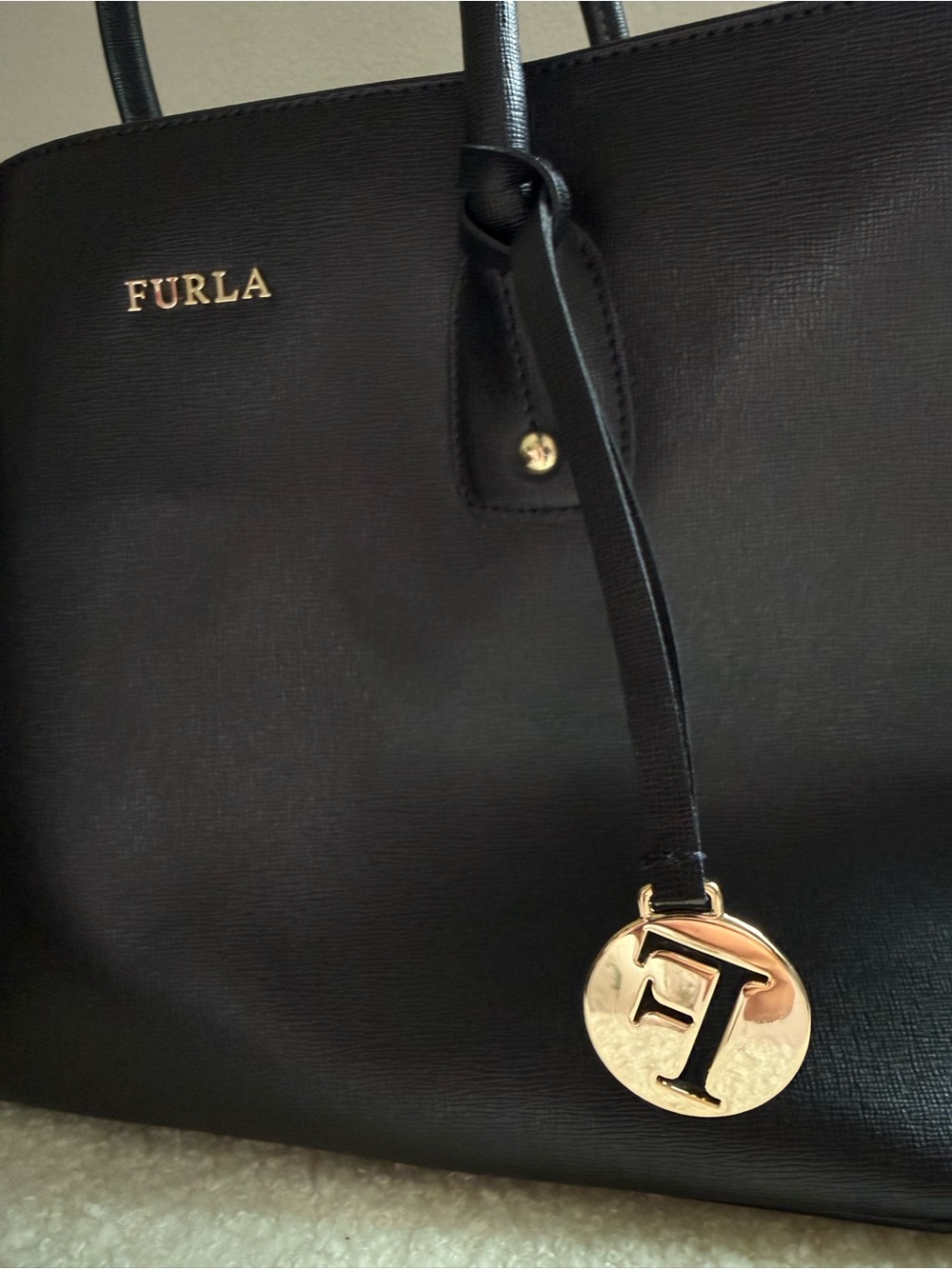 Furla Black Leather Tote with Gold Logo - Picture 5 of 6